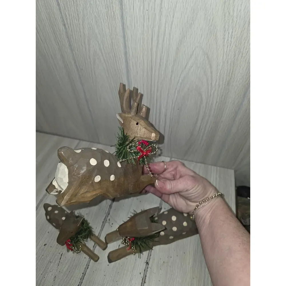 Wood Deer Family Buck Doe Fawn Wood Figures Christmas Decor Hand Carved Folk Art